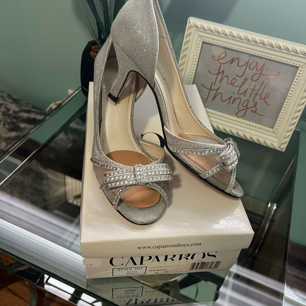 Caparros Silver Rhinestone Bow Peep-Toe Heels